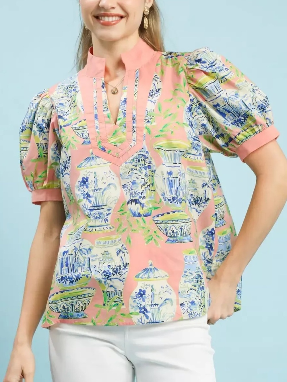 Entro Women's Coral Pink Printed Ginger Jar Puff-Sleeve Top